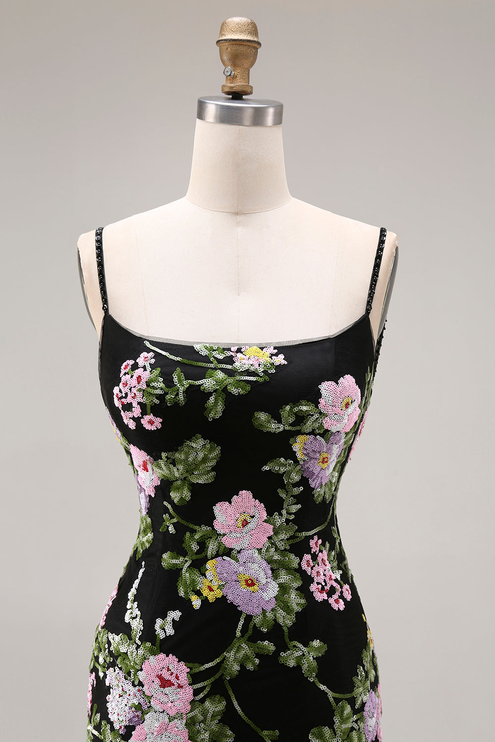 Floral Black and Pink Mermaid Long Ruffled Spaghetti Straps Prom Dress