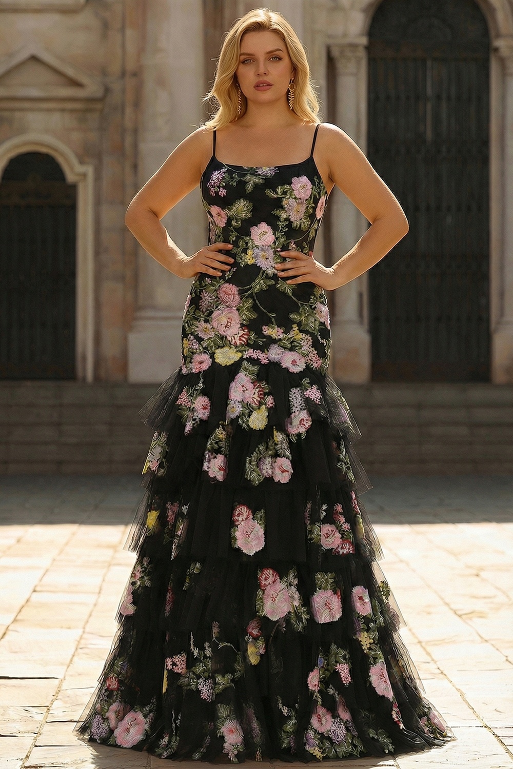 Floral Black and Pink Mermaid Long Ruffled Spaghetti Straps Prom Dress
