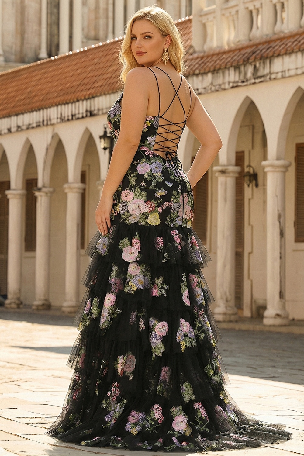 Floral Black and Pink Mermaid Long Ruffled Spaghetti Straps Prom Dress