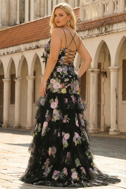 Floral Black and Pink Mermaid Long Ruffled Spaghetti Straps Prom Dress