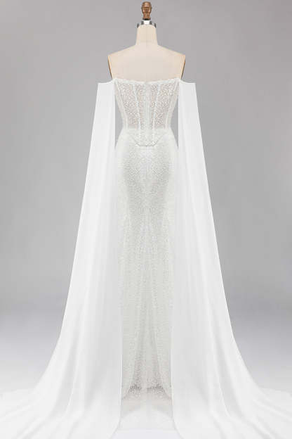 White Mermaid Sparkly Beaded Off the Shoulder Long Corset Prom Dress