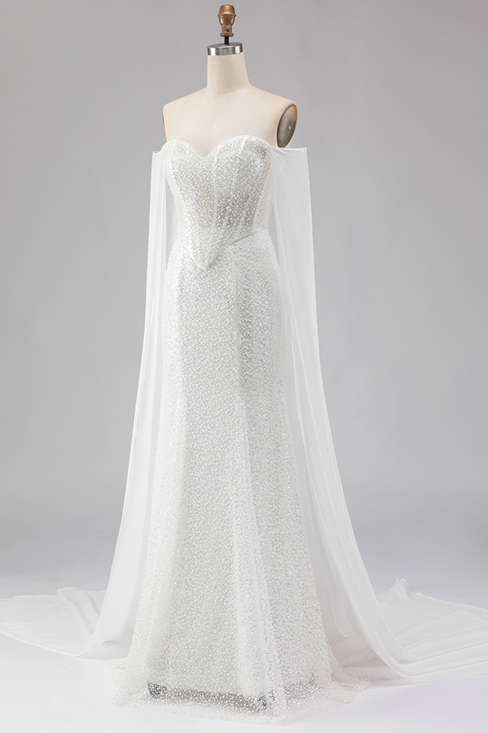 White Mermaid Sparkly Beaded Off the Shoulder Long Corset Prom Dress