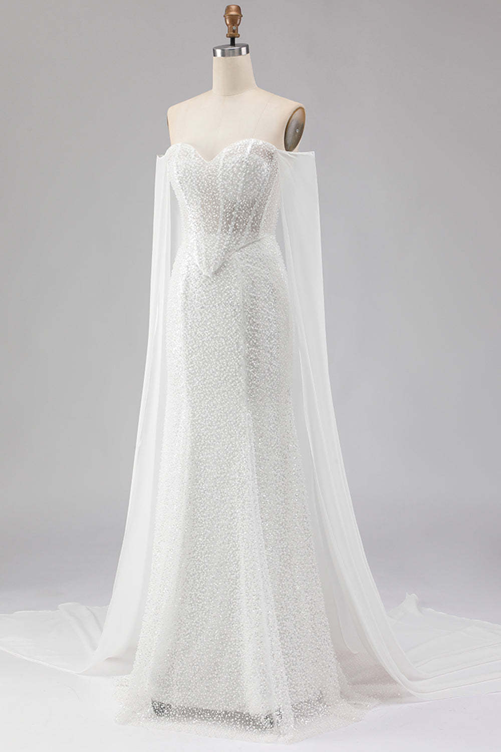 White Mermaid Sparkly Beaded Off the Shoulder Long Corset Prom Dress