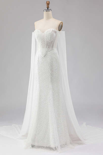 White Mermaid Sparkly Beaded Off the Shoulder Long Corset Prom Dress