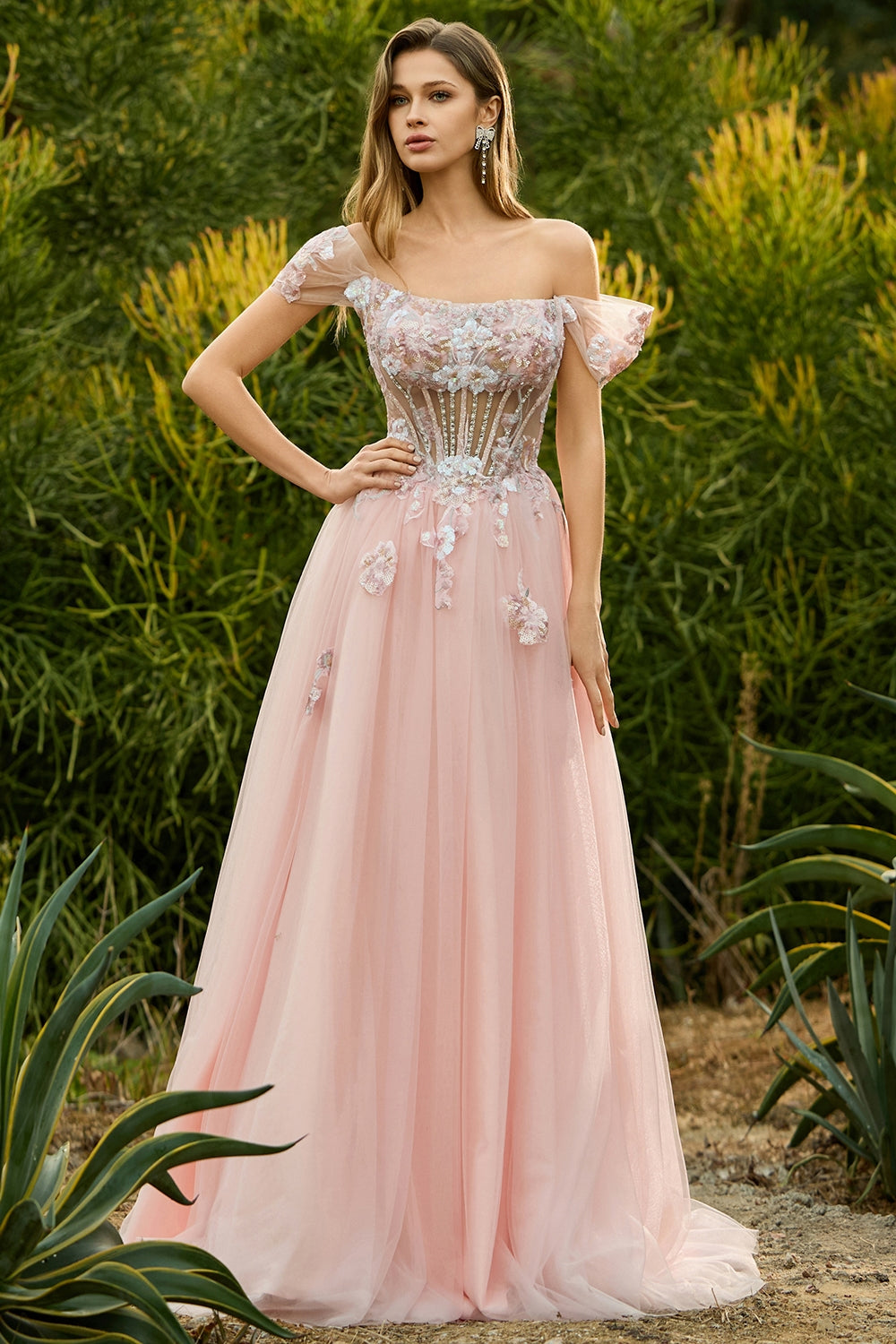 Floral Tulle Pink A Line Sparkly Long Corset Prom Dress with Beading