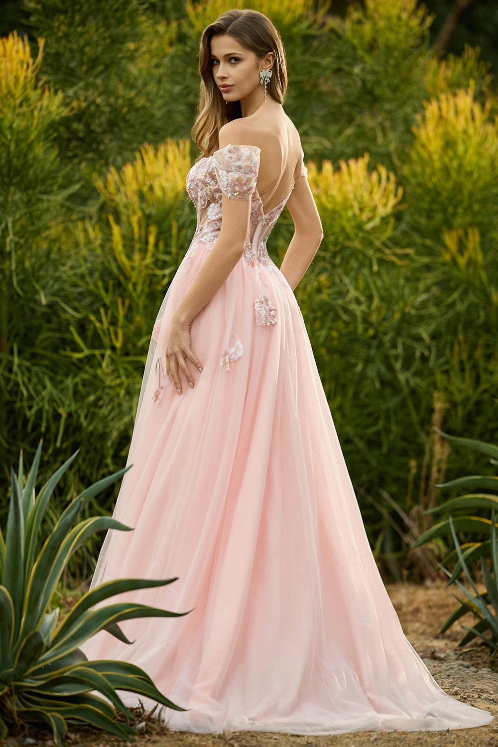 Floral Tulle Pink A Line Sparkly Long Corset Prom Dress with Beading