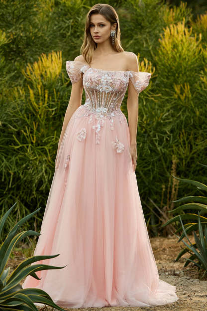 Floral Tulle Pink A Line Sparkly Long Corset Prom Dress with Beading