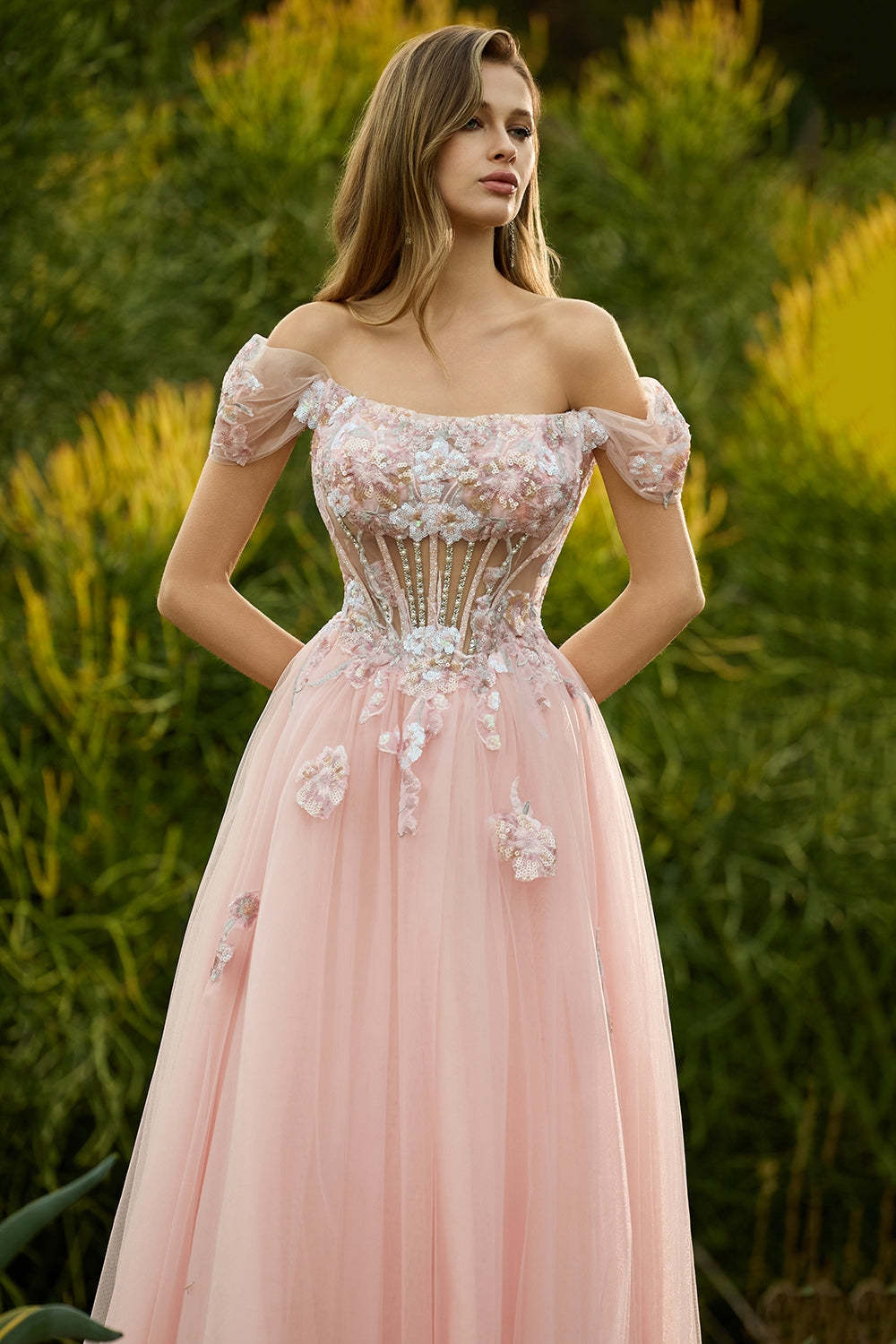 Floral Tulle Pink A Line Sparkly Long Corset Prom Dress with Beading