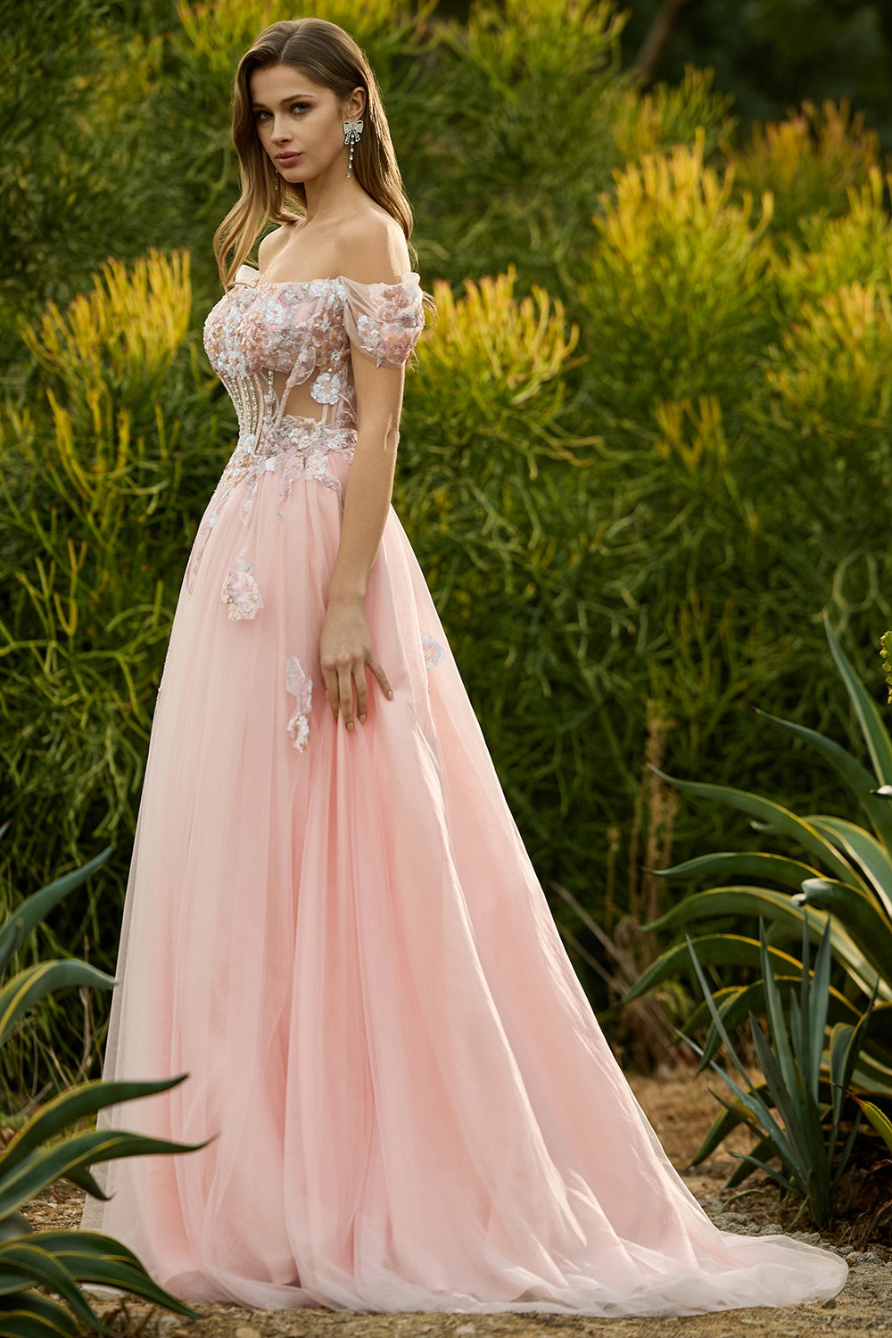 Floral Tulle Pink A Line Sparkly Long Corset Prom Dress with Beading