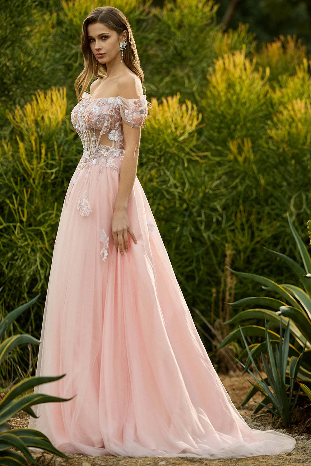 Floral Tulle Pink A Line Sparkly Long Corset Prom Dress with Beading