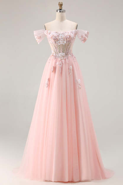 Floral Tulle Pink A Line Sparkly Long Corset Prom Dress with Beading