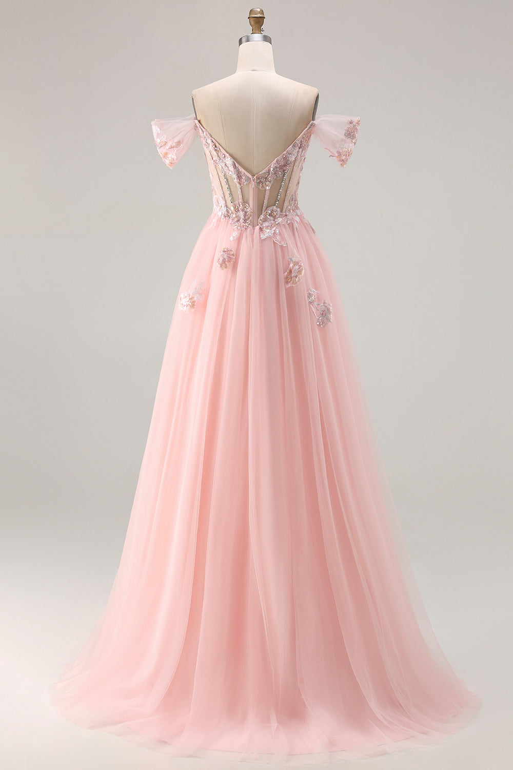 Sparkly Floral Tulle Pink A Line Long Corset Prom Dress with Beading