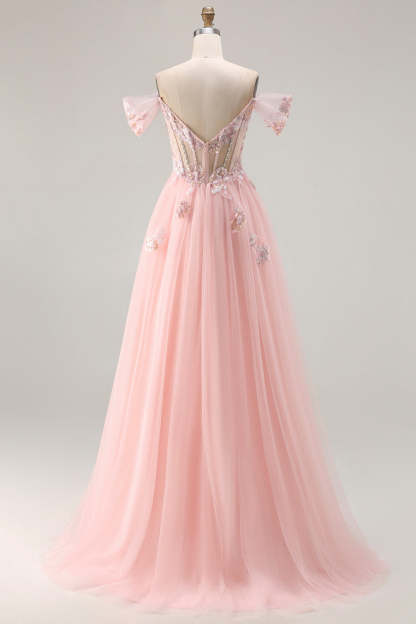 Floral Tulle Pink A Line Sparkly Long Corset Prom Dress with Beading