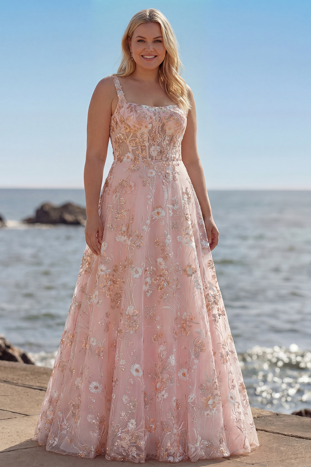 Floral Pink A Line Thick Straps Maxi Corset Prom Dress
