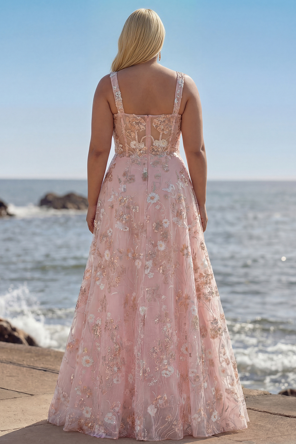 Floral Pink A Line Thick Straps Maxi Corset Prom Dress