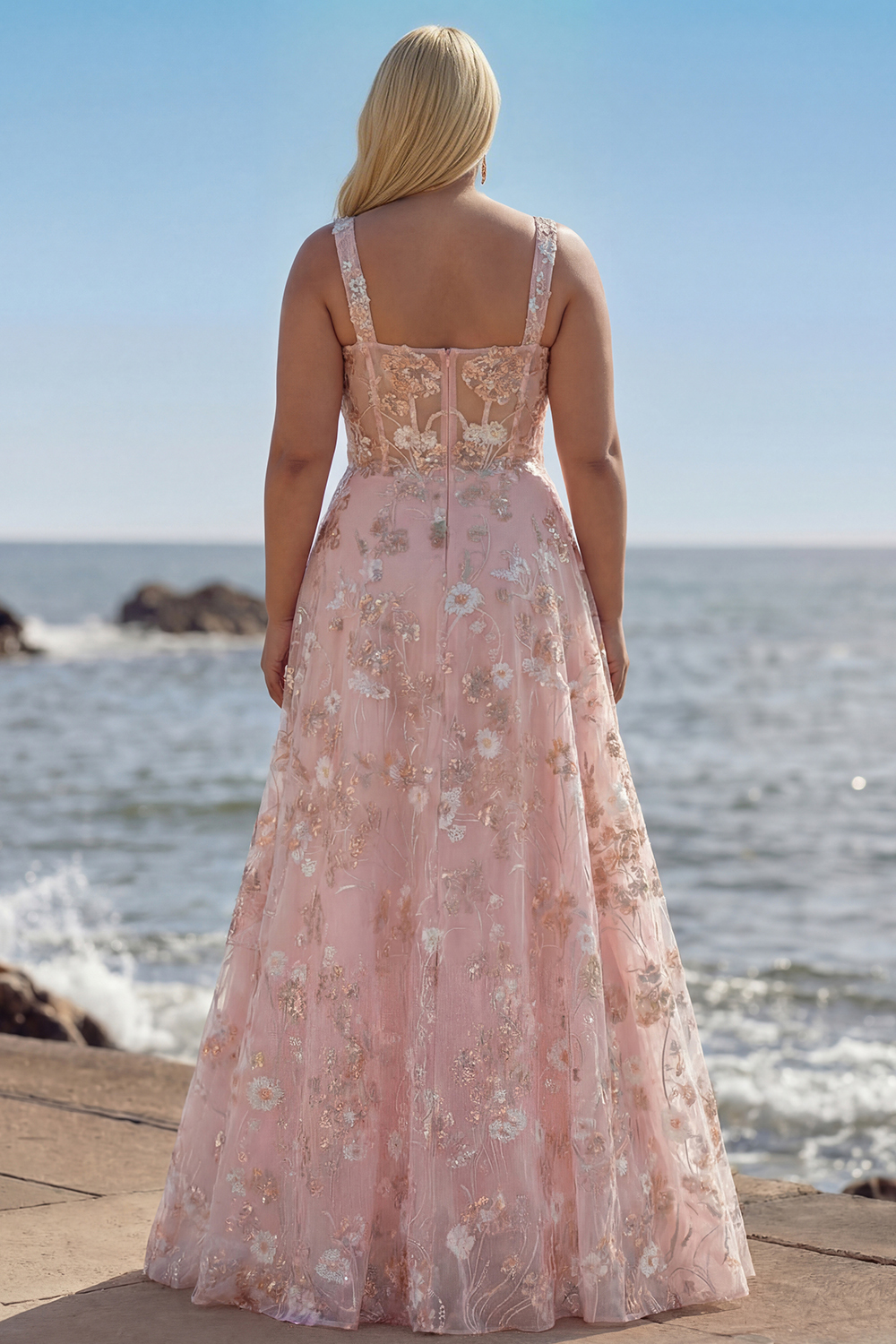 Floral Pink A Line Thick Straps Maxi Corset Prom Dress