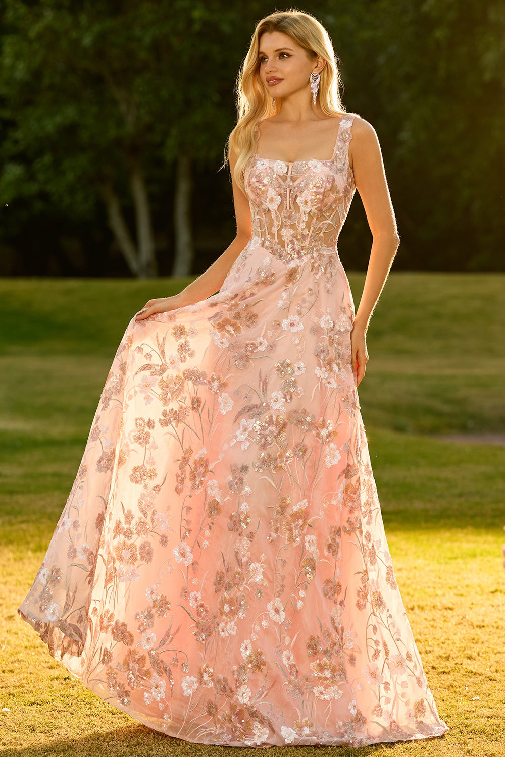 Floral Pink A Line Thick Straps Maxi Corset Prom Dress