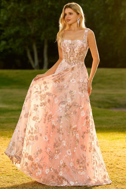 Floral Pink A Line Thick Straps Maxi Corset Prom Dress