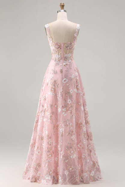 Floral Pink A Line Thick Straps Maxi Corset Prom Dress