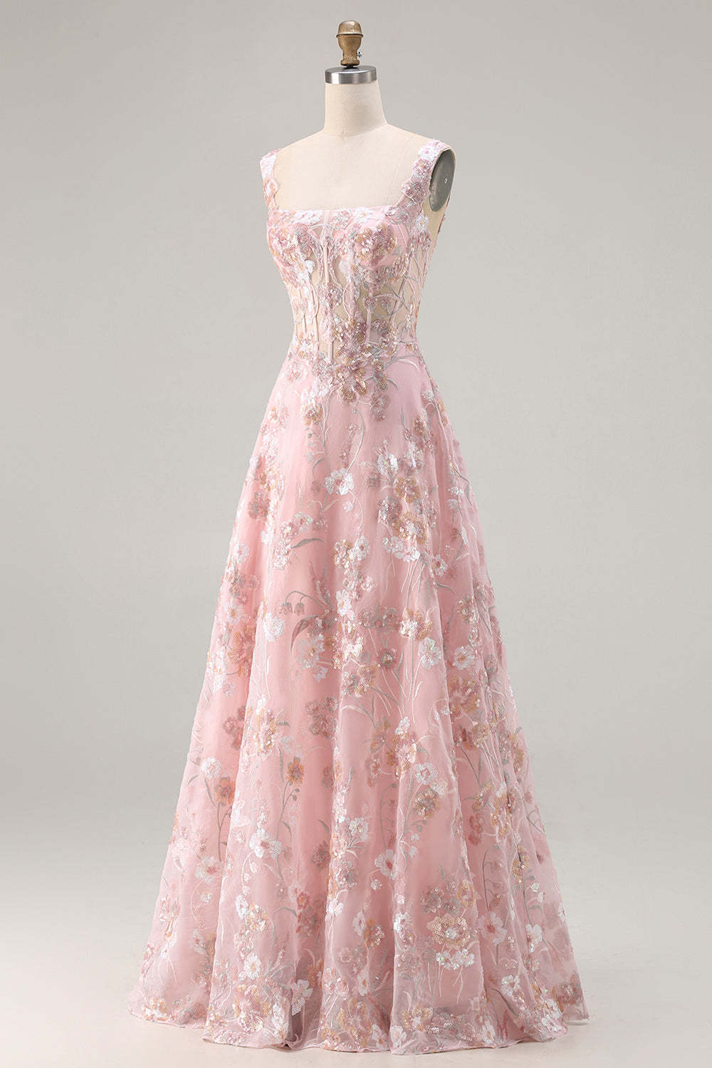 Sparkly Floral Pink A Line Maxi Corset Prom Dress with Sequin