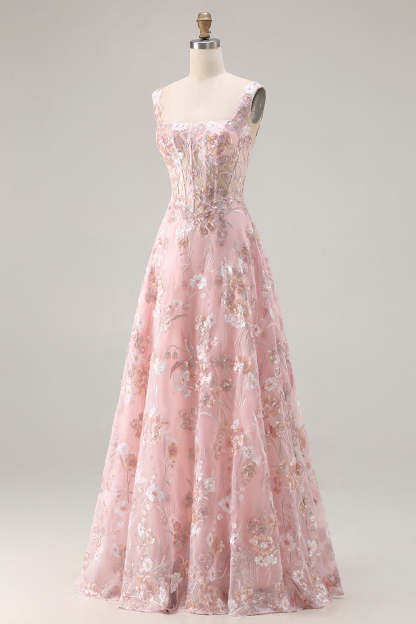Sparkly Floral Pink A Line Maxi Corset Prom Dress with Sequin
