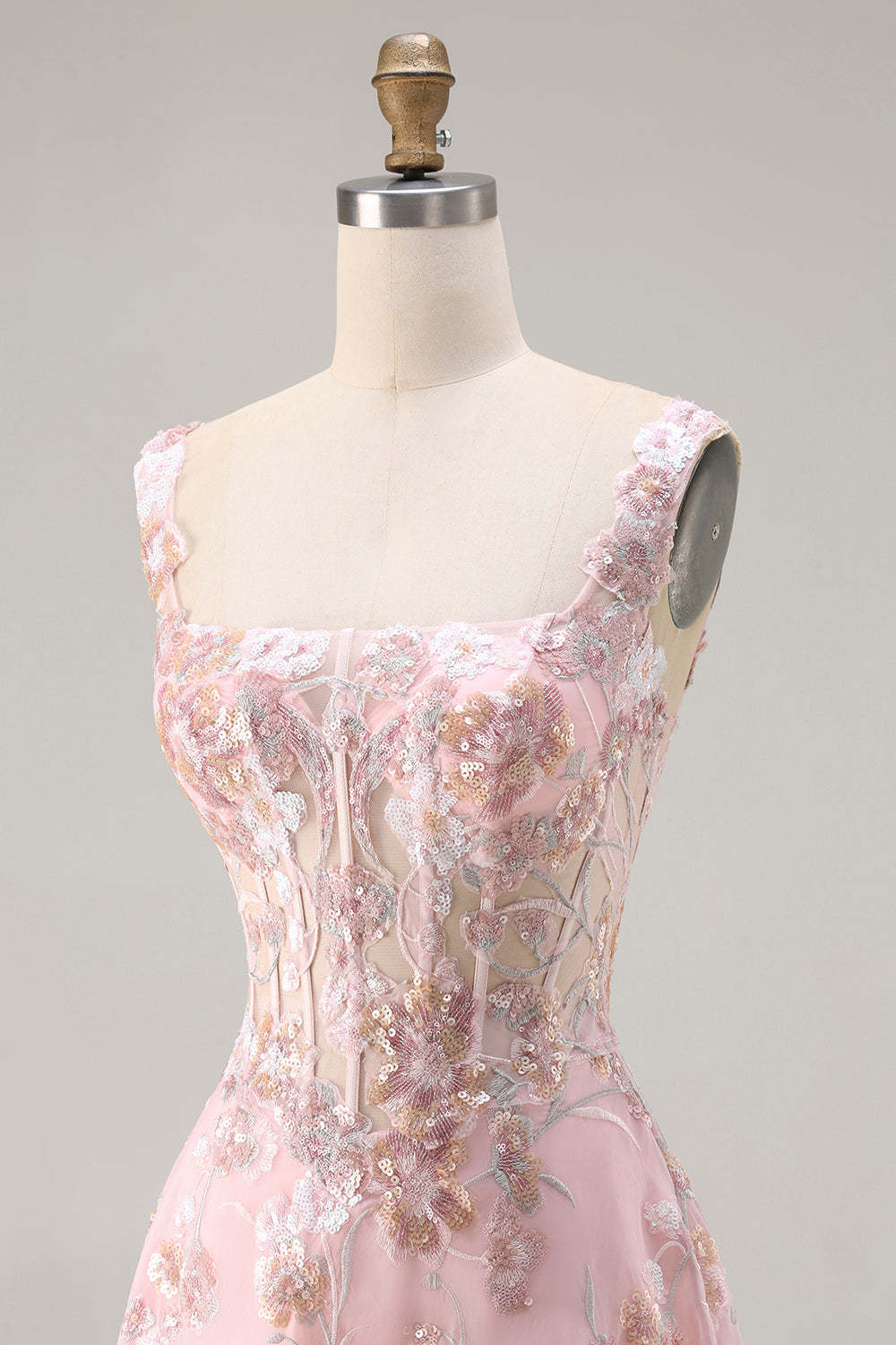 Sparkly Floral Pink A Line Maxi Corset Prom Dress with Sequin