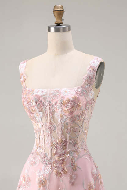 Sparkly Floral Pink A Line Maxi Corset Prom Dress with Sequin