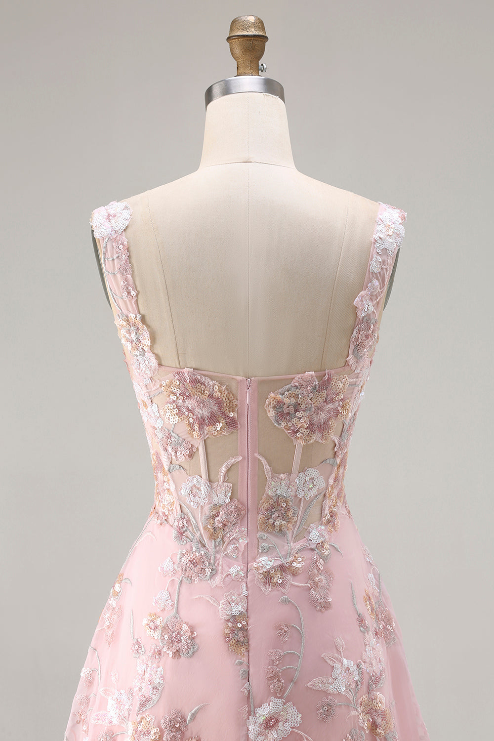 Sparkly Floral Pink A Line Maxi Corset Prom Dress with Sequin