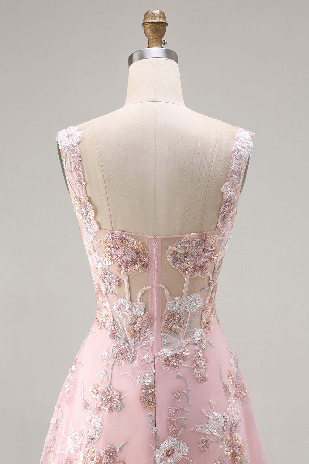 Sparkly Floral Pink A Line Maxi Corset Prom Dress with Sequin