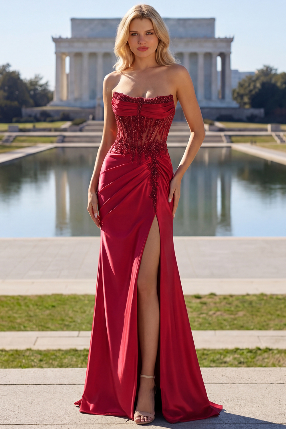 Sparkly Burgundy Beaded Mermaid Long Ruched Corset Prom Dress with Slit