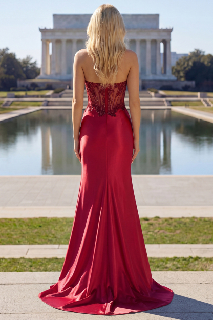 Sparkly Burgundy Beaded Mermaid Long Ruched Corset Prom Dress with Slit