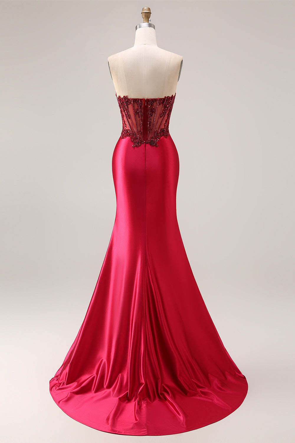 Sparkly Burgundy Beaded Mermaid Long Ruched Corset Prom Dress with Slit