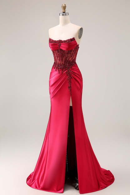 Sparkly Burgundy Beaded Mermaid Long Ruched Corset Prom Dress with Slit
