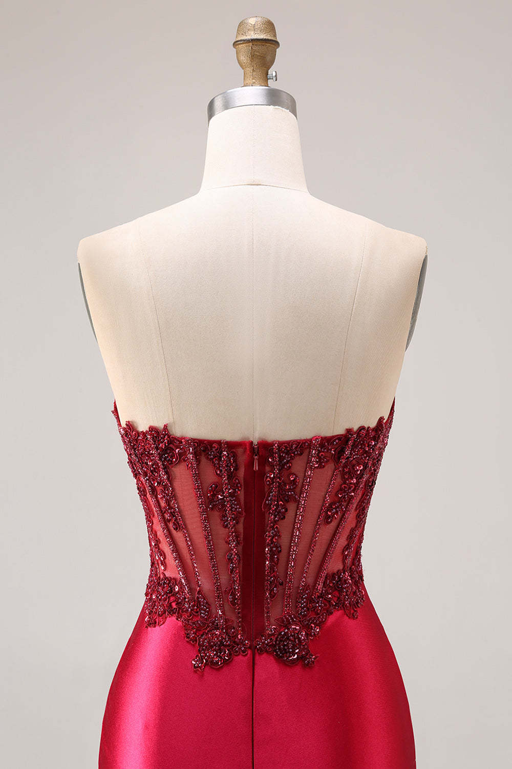 Sparkly Burgundy Beaded Mermaid Long Ruched Corset Prom Dress with Slit