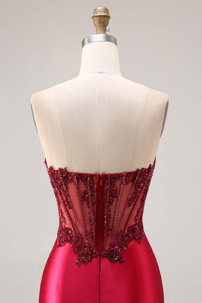 Sparkly Burgundy Beaded Mermaid Long Ruched Corset Prom Dress with Slit