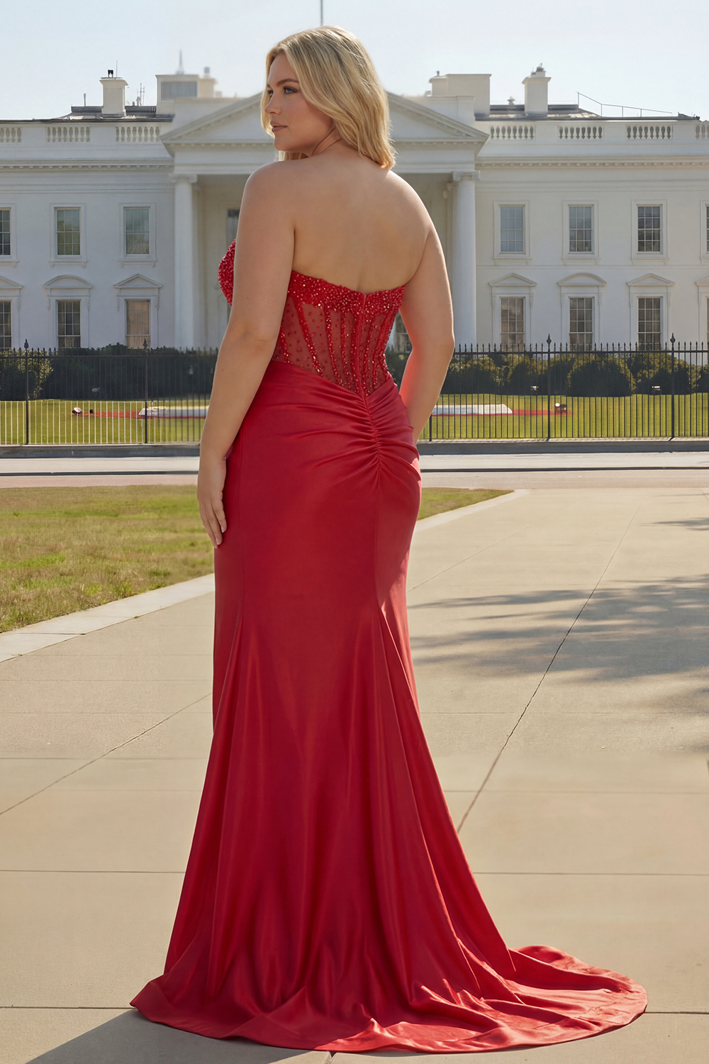 Red Mermaid Beaded Long Corset Satin Prom Dress with Slit