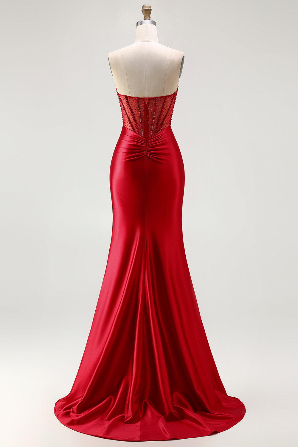 Red Mermaid Beaded Long Corset Satin Prom Dress with Slit