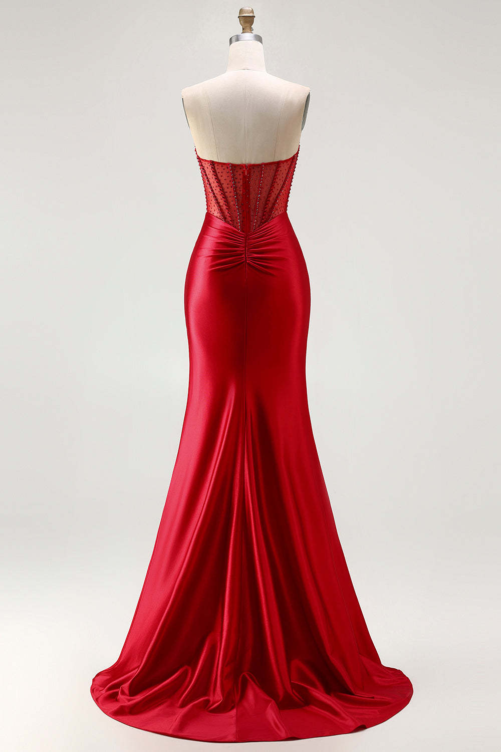 Red Mermaid Beaded Long Corset Satin Prom Dress with Slit
