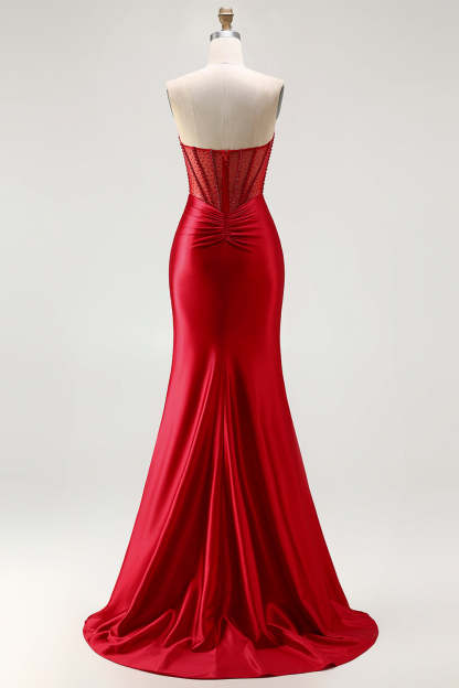 Red Mermaid Beaded Long Corset Satin Prom Dress with Slit