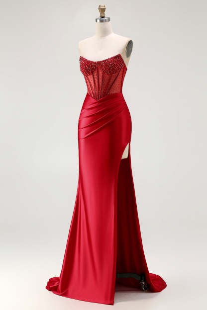 Red Mermaid Beaded Long Corset Satin Prom Dress with Slit