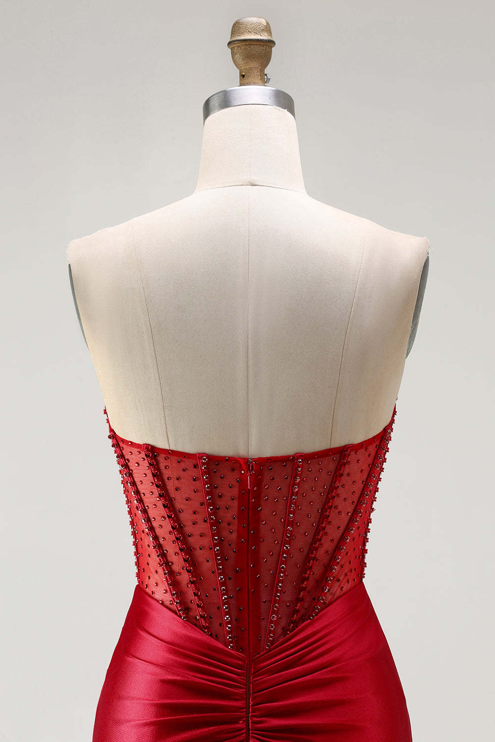 Red Mermaid Beaded Long Corset Satin Prom Dress with Slit