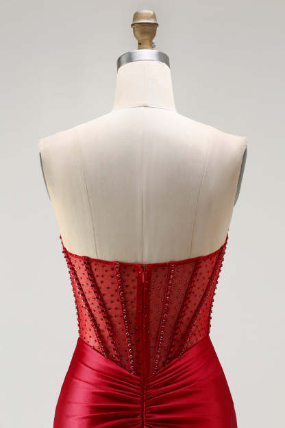 Red Mermaid Beaded Long Corset Satin Prom Dress with Slit