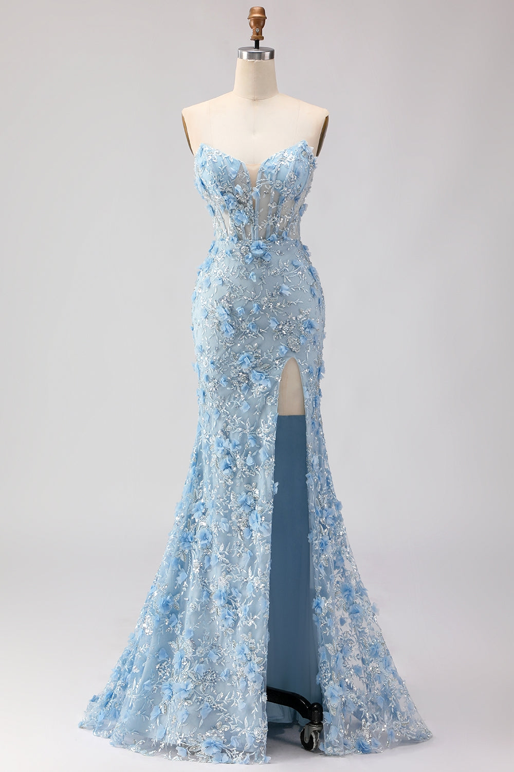 Sparkly Blue Floral Beaded Mermaid Maxi Corset Prom Dress with Slit