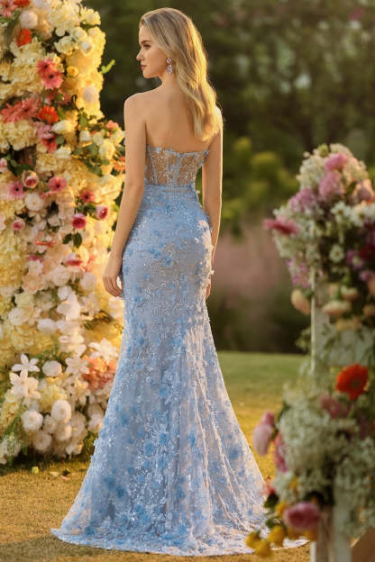 Sparkly Blue Floral Beaded Mermaid Maxi Corset Prom Dress with Slit