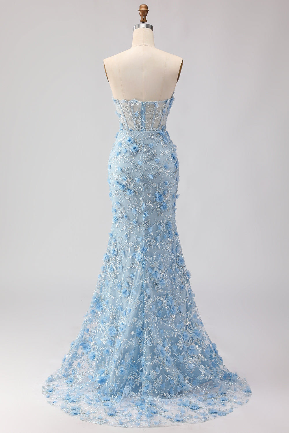 Sparkly Blue Floral Beaded Mermaid Maxi Corset Prom Dress with Slit