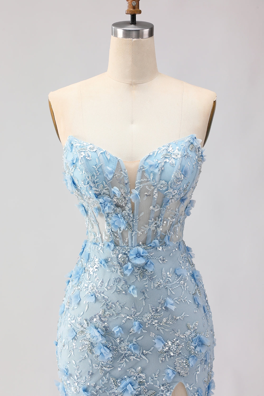 Sparkly Blue Floral Beaded Mermaid Maxi Corset Prom Dress with Slit