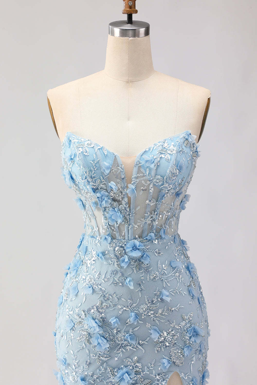 Sparkly Blue Floral Beaded Mermaid Maxi Corset Prom Dress with Slit