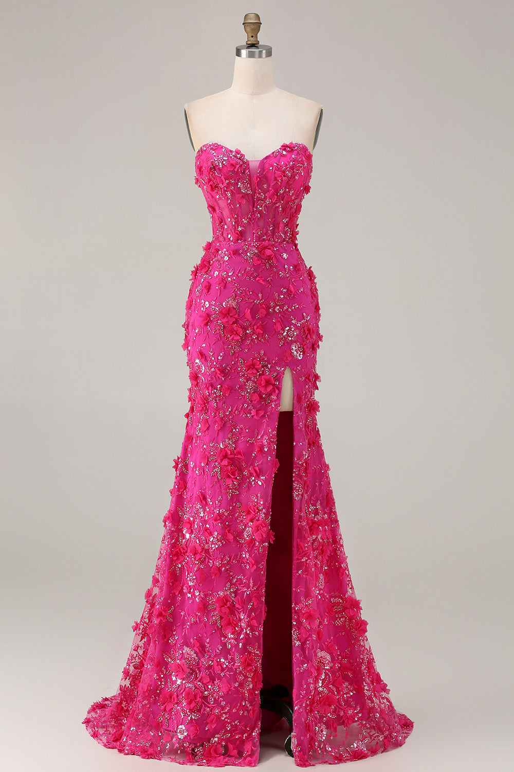 Sparkly Fuchsia Beaded Mermaid Floral Long Corset Prom Dress with Slit