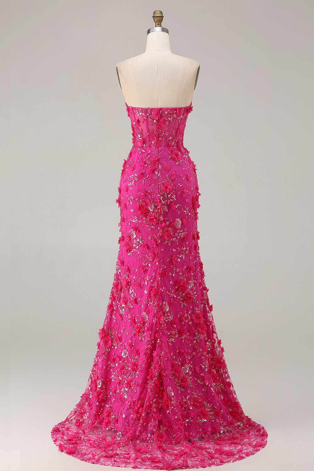 Sparkly Fuchsia Beaded Mermaid Floral Long Corset Prom Dress with Slit