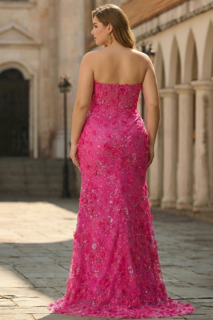 Sparkly Fuchsia Beaded Mermaid Floral Long Corset Prom Dress with Slit